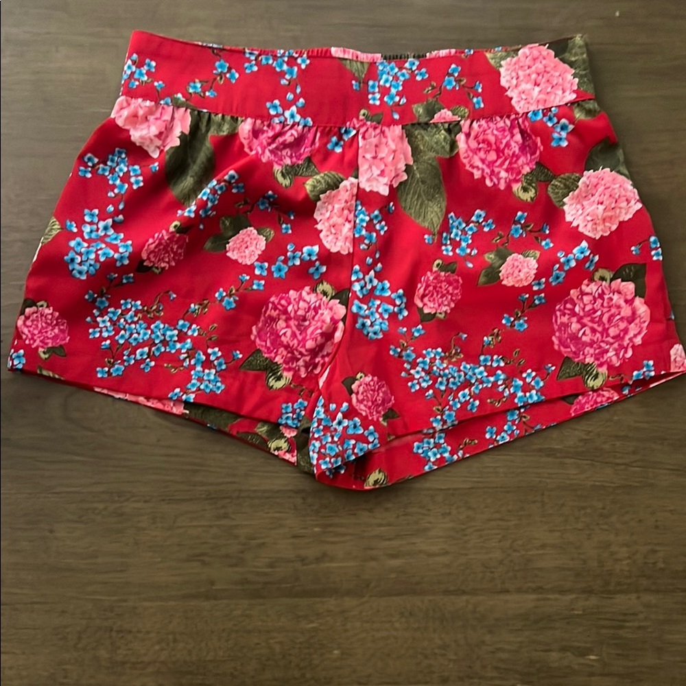 Trendy City Streets Red Pink and Blue Floral Short Shorts Satin like Soft Small